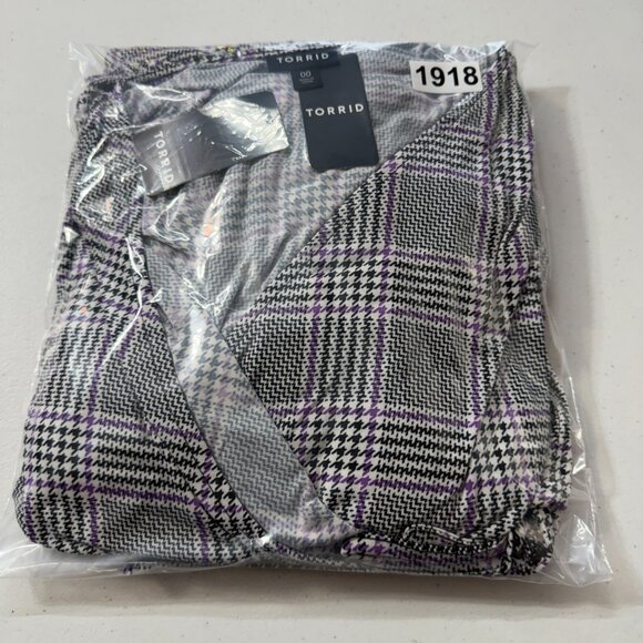 Torrid Plaid Wrap Midi Dress Ruched Sleeves Black Gray Purple Women’s 00 (M/L10) - Picture 11 of 11